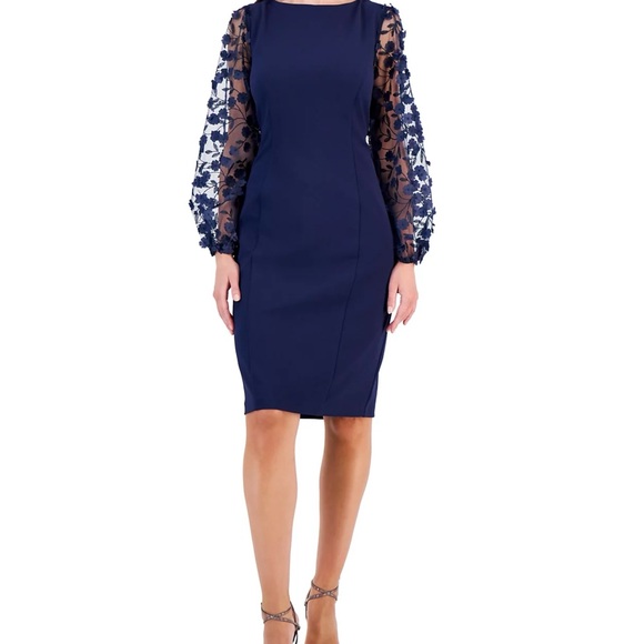 Elegant Navy Blue Dress with Floral Sleeves - Picture 1 of 7